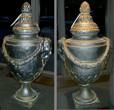 Lot 528 - Pair of Neoclassical Style Cast Iron Covered Urns