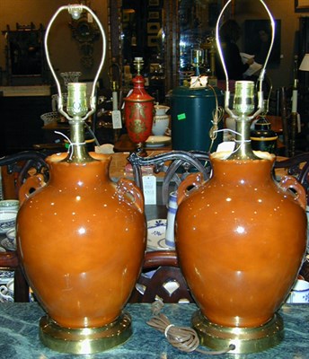 Lot 212 - Pair of Brown Glazed Ceramic Lamps