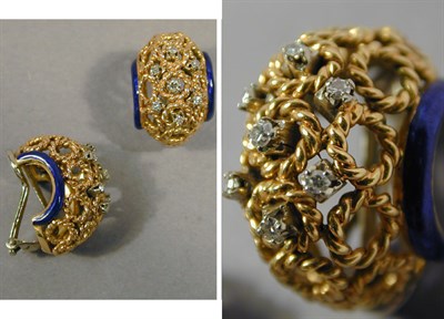 Lot 200 - Pair of Diamond and Blue Enamel Earrings 18 kt....