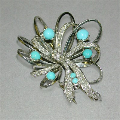 Lot 343 - Turquoise and Diamond Pin 14 kt. white gold,...