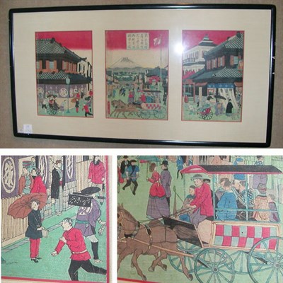 Lot 115 - Hiroshige III Oban Tate-e Triptych of Yokohama...