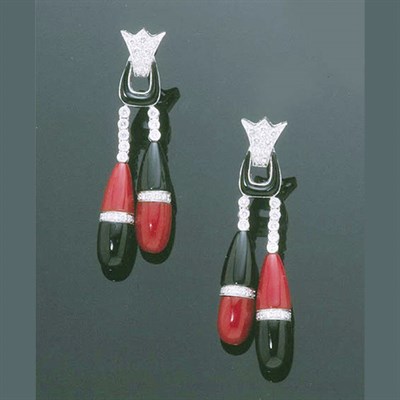 Lot 352 - Pair of Art Deco Style Black Onyx and Coral...