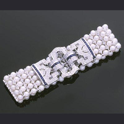 Lot 357 - Cultured Pearl, Diamond and Sapphire Bracelet...