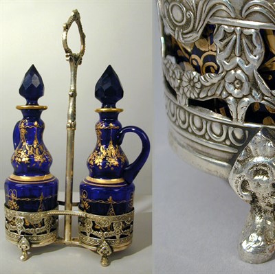 Lot 264 - Silver and Gilt Decorated Cobalt Glass Oil and...