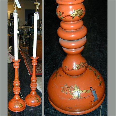 Lot 138 - Pair of Chinoiserie Decorated Altar Sticks...