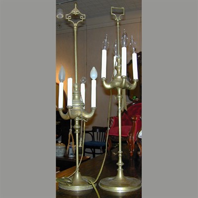Lot 157 - Pair of Victorian Brass Four-Light Lamps