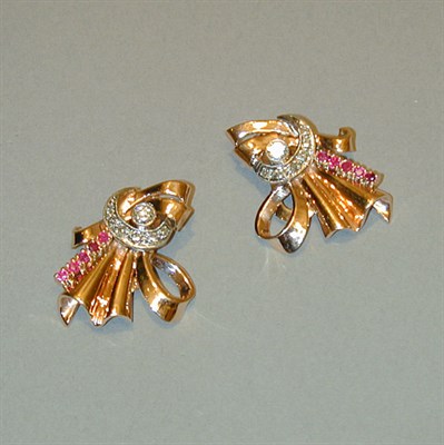 Lot 239 - Pair of Retro Diamond and Ruby Earclips 14 kt....