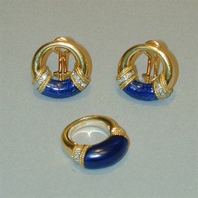 Lot 240 - Lapis Lazuli and Diamond Ring and Pair of...