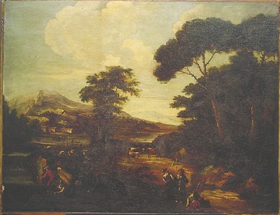 Lot 1 - Circle of Marco Ricci LANDSCAPE WITH TRAVELERS...