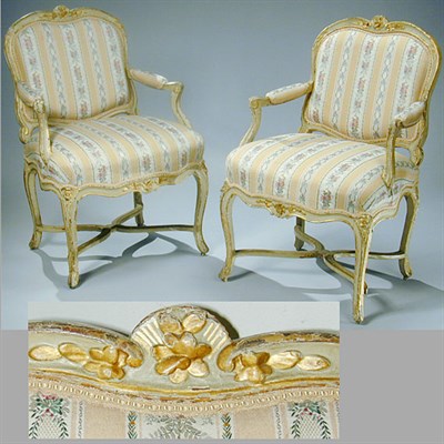 Lot 228 - Pair of Louis XV Painted and Gilt Decorated...
