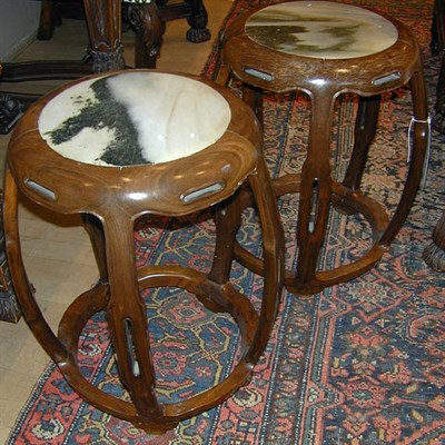 Lot 220 - Pair of Chinese Marble Inset Hardwood Stools