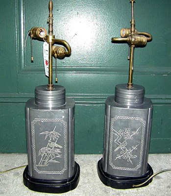 Lot 242 - Pair of Oriental Style Pewter Canister Lamps