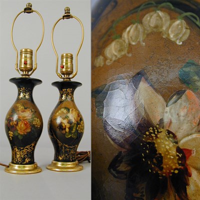 Lot 169 - Pair of Victorian Papier Mache Lamps