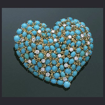 Lot 327 - Large Diamond and Turquoise Heart Pin 18 kt....
