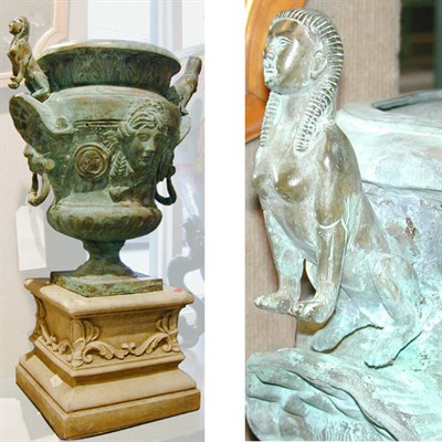 Lot 501 - Pair of Egyptian Revival Patinated-Metal Urns