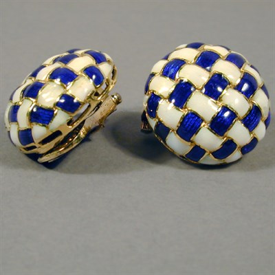 Lot 78 - Pair of Blue and White Enamel Earclips 18 kt....