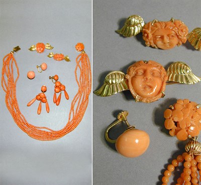 Lot 81 - Suite of Coral Jewelry Comprising a necklace,...