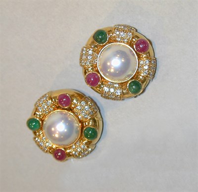 Lot 359 - Pair of Diamond, Emerald, Ruby and Mabe Pearl...