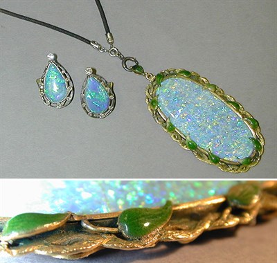 Lot 318 - Opal Pendant and Pair of Earclips Yellow and...