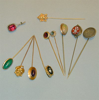 Lot 230 - Group of Eleven Stick Pins Yellow gold and...