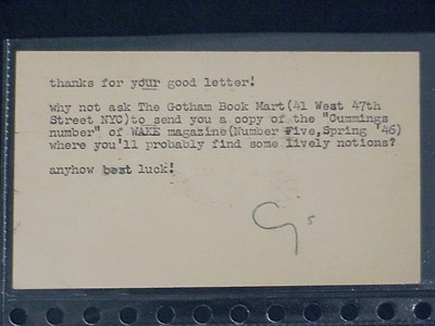 Lot 6 - CUMMINGS, E.E. Typed postcard signed ("Cgs")....