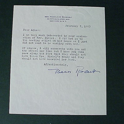 Lot 9 - ROOSEVELT, ELEANOR Typed letter signed, 1 page,...