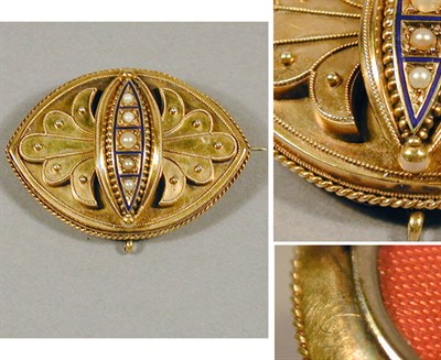 Lot 69 - Victorian Half-Pearl and Enamel Brooch 15 kt....