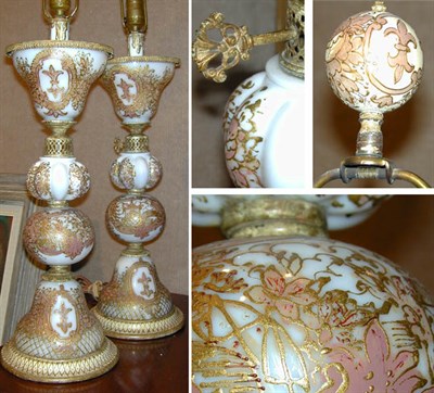 Lot 224 - Pair of Enamel Decorated Milk Glass Lamps
