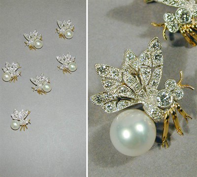 Lot 246 - Six Cultured Pearl and Diamond Bee Pins 18 kt....