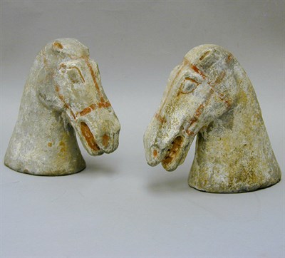 Lot 137 - Pair of Painted Gray Pottery Horse Heads Han...