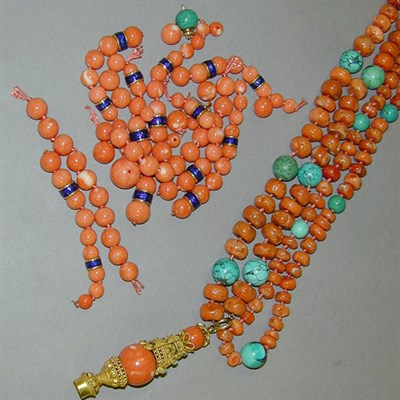 Lot 101 - Two Coral Bead Necklaces Variously set with...