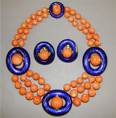 Lot 312 - Suite of Coral and Blue Enamel Jewelry 18 kt....