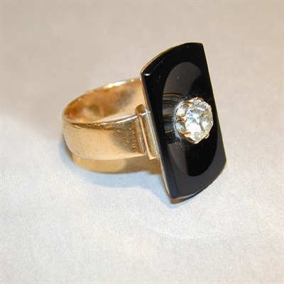 Lot 223 - Old Mine Diamond and Black Onyx Ring 14 kt....