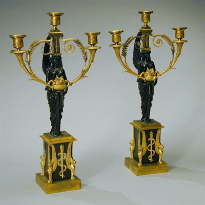 Lot 381 - Pair of Empire Gilt and Patinated-Bronze Three-...