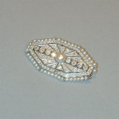Lot 374 - Diamond and Natural* Pearl Pin Platinum, of...