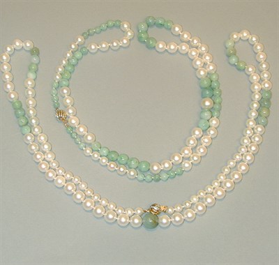 Lot 370 - Two Cultured Pearl and Jade Bead Necklaces...