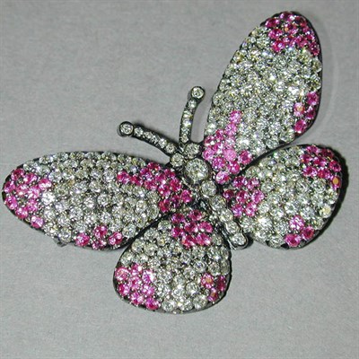 Lot 325 - Pave Diamond and Pink Sapphire Butterfly Pin...