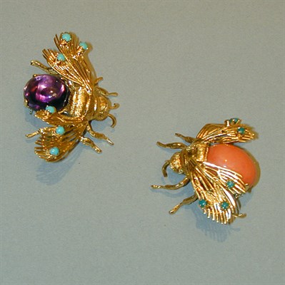 Lot 214 - Two Gold and Multicolored Stone Bee Pins 18 kt....