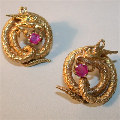 Lot 405 - Pair of 14 Kt. Gold and Ruby Earrings Coiled...