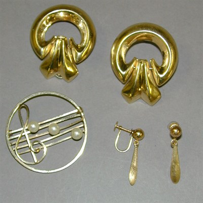 Lot 15 - Two Pairs of Gold Earclips and a Gold Filled...