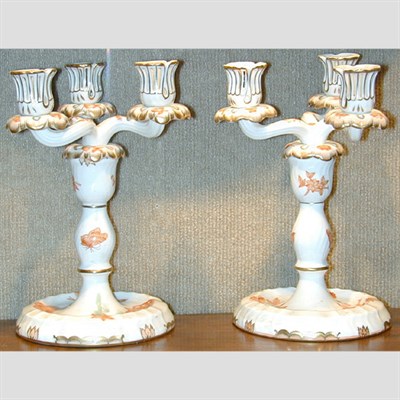 Lot 351 - Pair of Herend Porcelain Three-Light Candelabra