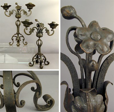 Lot 262 - Pair of Baroque Style Wrought Iron Two-Light...