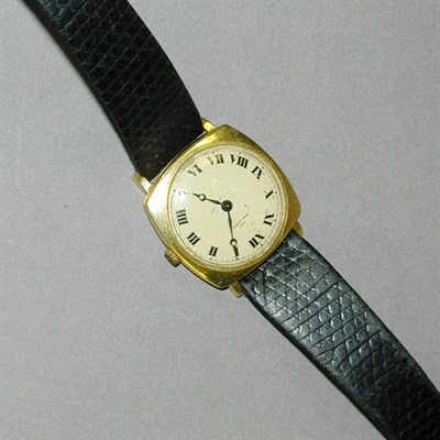 Lot 156 - Gold Wristwatch The leather band centering an...