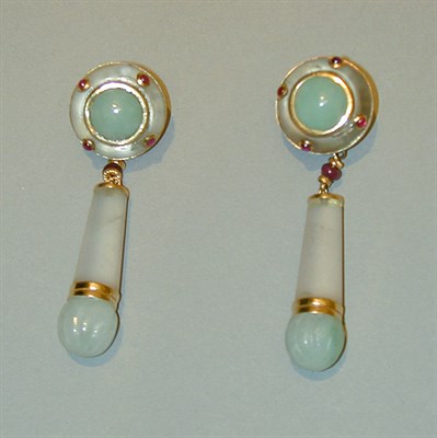 Lot 184 - Pair of Jade and Crystal Pendant Earclips 14...