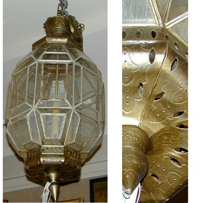 Lot 380 - Pair of Brass and Glass Hanging Lanterns
