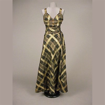Lot 123 - Mainbocher Gold and Black Silk Plaid Evening...