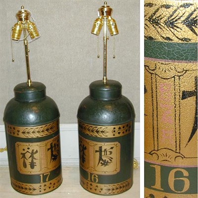 Lot 427 - Pair of Tole Painted Canister Lamps