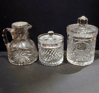 Lot 185 - Two Cut Glass Biscuit Barrels Together with a...