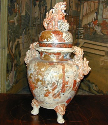 Lot 100 - Large Satsuma Style Enameled and Molded Tripod...