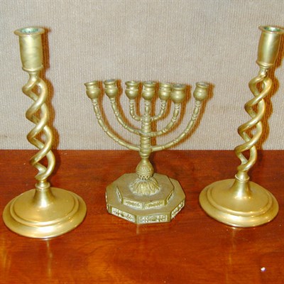 Lot 361 - Pair of Brass Candlesticks and a Menorah